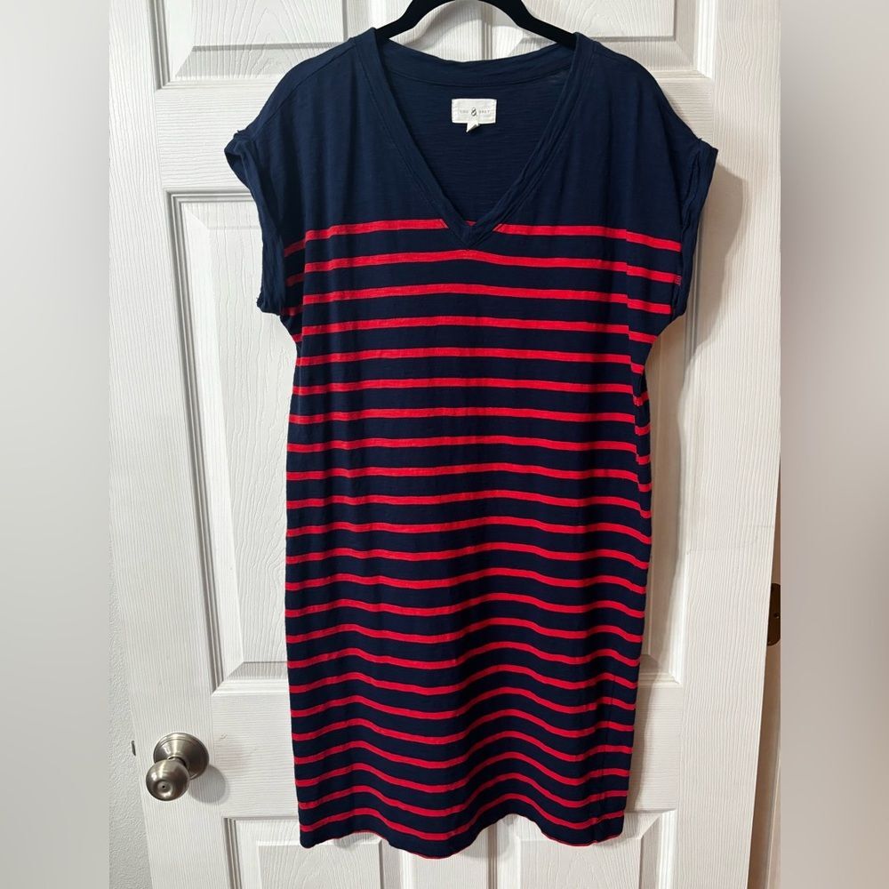 Lou & Grey Women's Red & Blue Stripe T-Shirt Dress MIDI Cotton Sz Small Nautical
